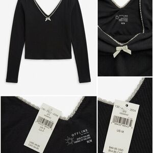 NWT Offline by Aerie Ribbed Lace-Trim Bow Long Sleeve Top – Black